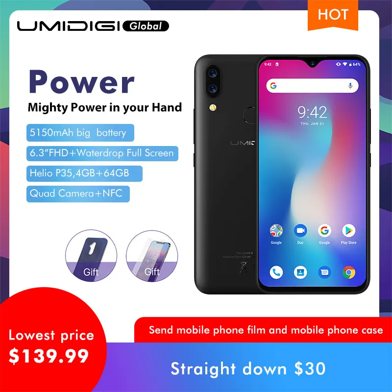 UMIDIGI power 5150 мАч 18 Вт Быстрая зарядка Android 9,0 4 Гб 64 Гб 6," FHD+ Глобальная версия смартфон Dual Helio P35 2.3GH Dual 4G 16MP