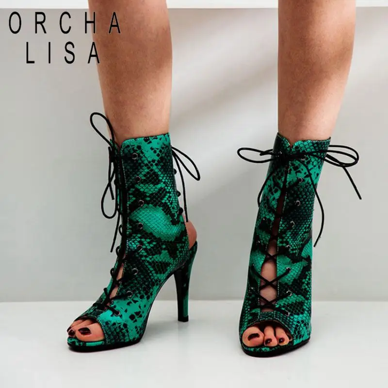 

ORCHA LISA snake gladiator summer boots stiletto Heels women open toe sandal female lace up Shoes Thin High Heels