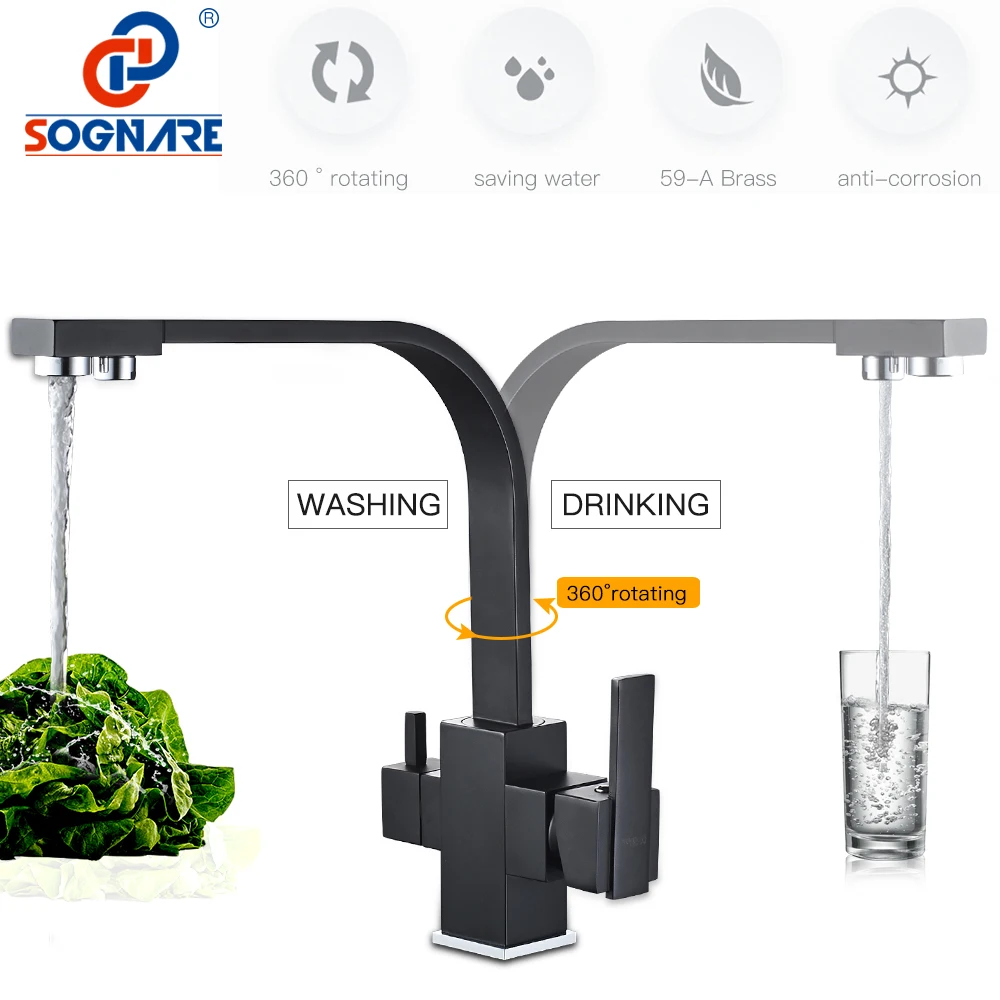 Black Square Kitchen Faucets 360 Degree Rotation 3 Way Water Filter Tap Water Faucets Solid Brass Kitchen Sink Tap Water Mixer