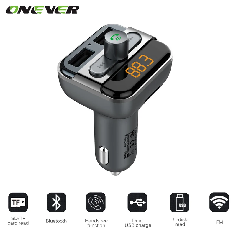 

Onever Bluetooth Car Kit Handsfree FM Transmitter MP3 music Player 5V 3.4A Dual USB Car charger Support Micro SD Card 32G