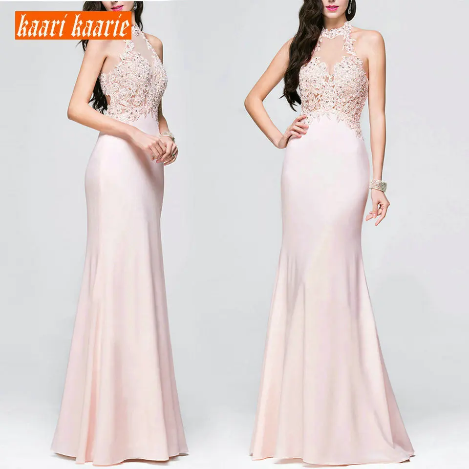 Sexy Lady Pink Mermaid Evening Gowns 2019 Evening Dresses Long Women Halter-Neck Elastic Satin Appliques Cheap Women Party Dress