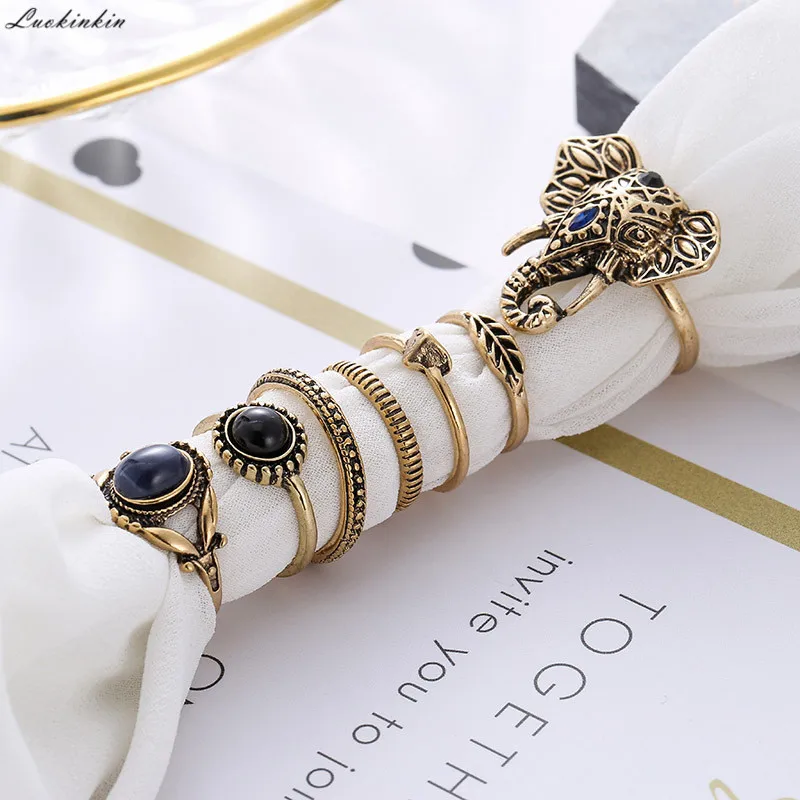 

golden elephant shape&natural black stone ring simple geometric vintage boho rings for women jewelry 7 pcs/set