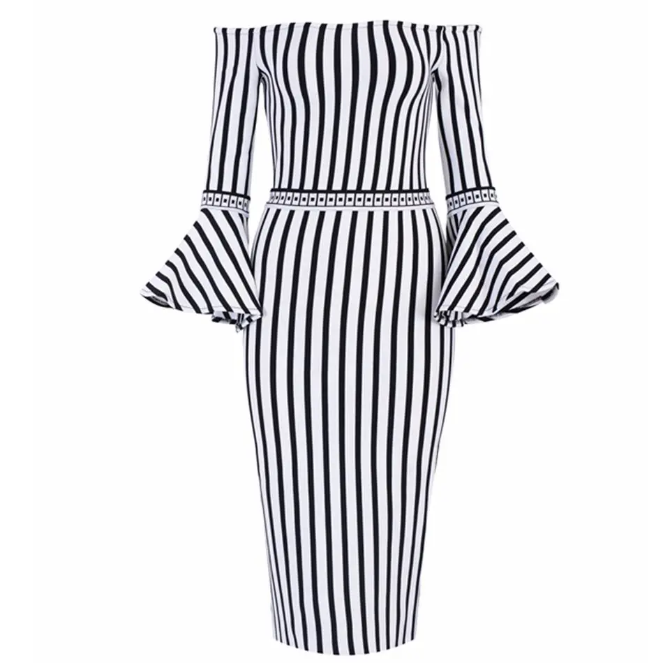 

New Celebrity Party Bodycon Bandage Dress Women Black White Striped Flare Sleeve Off The Shoulder Sexy Club Dress Women Vestidos