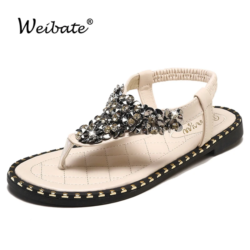 

WEIBATE Summer Women Sweet Crystal Flats Flip Flop Ladies Bling Rhinestones Sandals Female Casual Breathable Slippers Slides