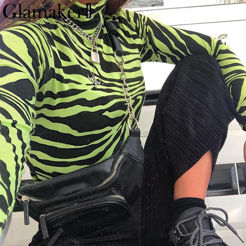 Glamaker Zebra print long sleeve bodysuit One-piece Women sexy turtleneck romper Female elegant spring womens playsuit overall