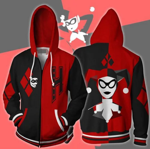 

Horror clown Suicide squad Hallequin mens hoodies cosplay sweatshirts men Devil clown streetwear Zipper anime hoodie