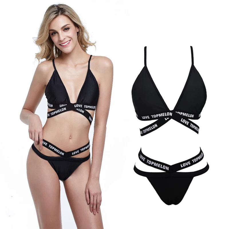 

Love Letter Black Beachsuit bikini Suit Letter Printed Cross Sling Split Swimsuit Woman Sexy Swimwear Bandage Triangle Swimsuit