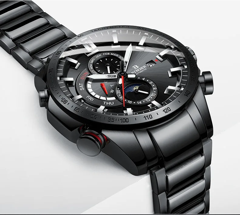Роскошные швейцарские Брендовые мужские часы Бингер, автоматические механические светящиеся водонепроницаемые часы для бега, полностью стальной ремень, фаза мужской моды