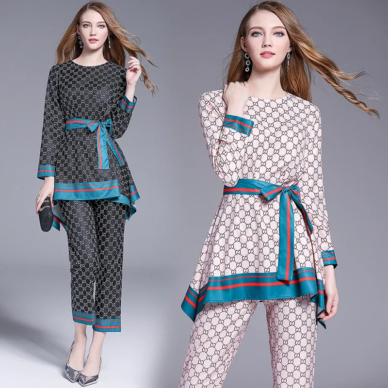 

2019 Spring Summer Fall Runway 2 Piece Womens Sets Retro Vintage Letter Print Crew Neck Long Sleeve Top Shirt Pant Suits Outfits