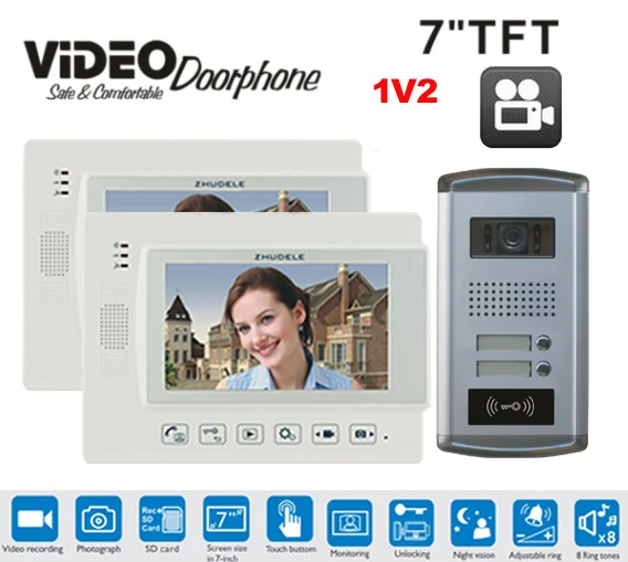 Домофон ZHUDELE для домашней безопасности 2 квартирный видеодомофон с TFT экраном 7