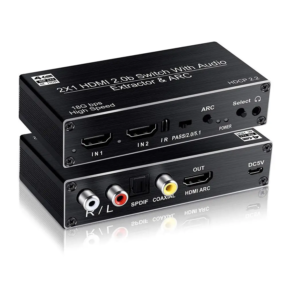 New High-quality Durable HDMI2.0 Switcher Two In One Out HDMI Switch 2x1 Audio Separation ARC HDCP2