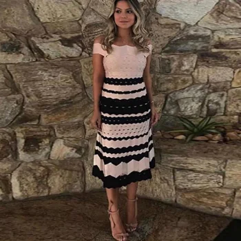 

High Quality Women Bandage Dress 2018 New Arrival Fashion Black and Pink Patchwork Off Shoulder Short Sleeve Party Dress Vestido