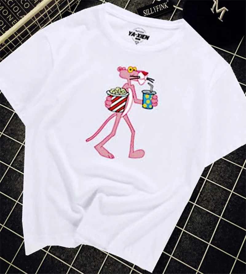 Drinking pink panther cotton top harajuku t shirt women off white tumblr summer tshirt johnature woman tshirt ladies t shirts