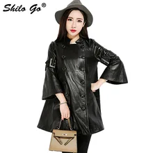 SHILO GO кожаный Тренч Женская Осенняя мода Овчина натуральная кожа длинное пальто Свободное расклешенное ТРАПЕЦИЕВИДНОЕ двубортное длинное пальто