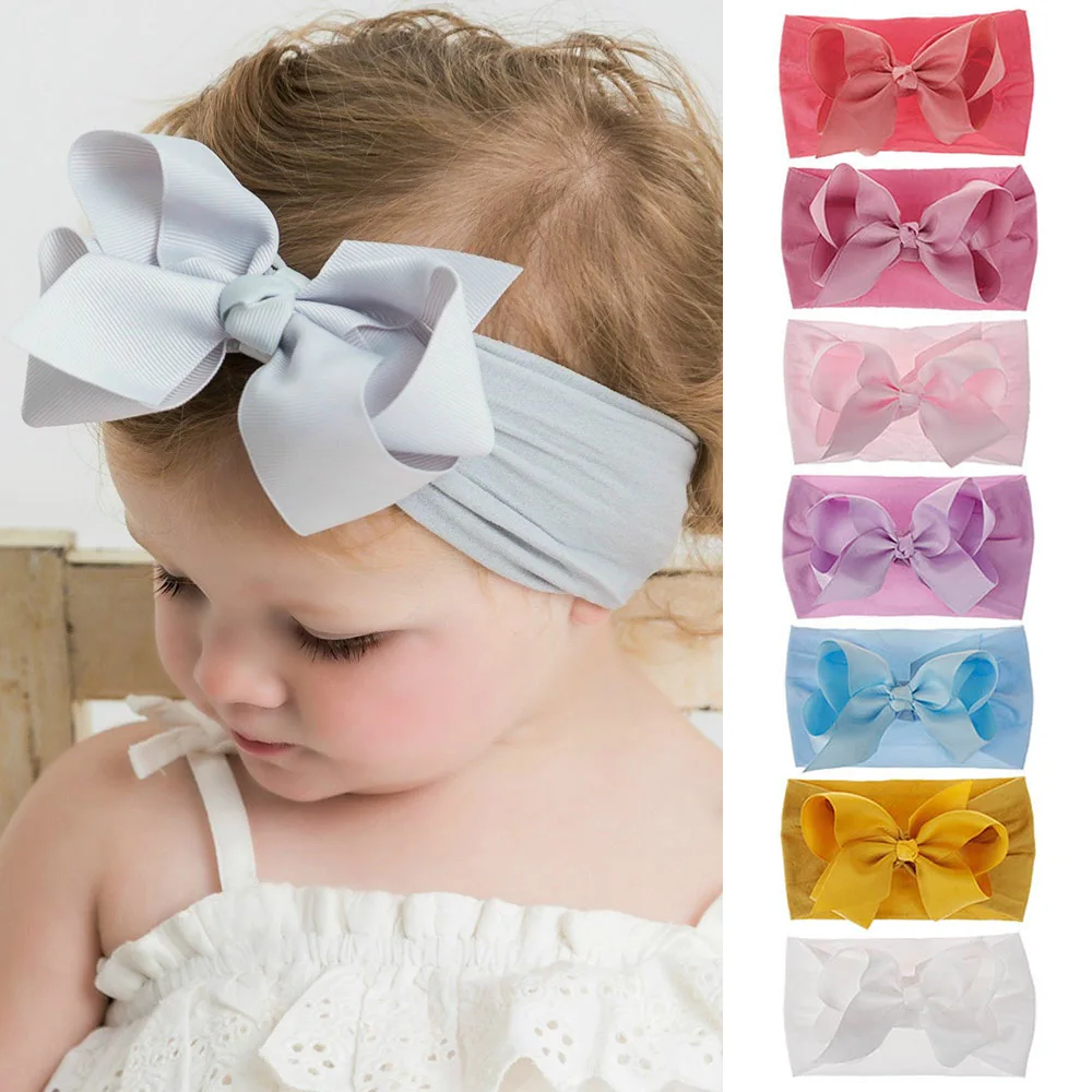 

2019 New Baby Girl Big Bow Nylon Hairband Headband Kids Toddler Top Knot Bow Soft Stretch Turban Head Wrap Hair Accessories