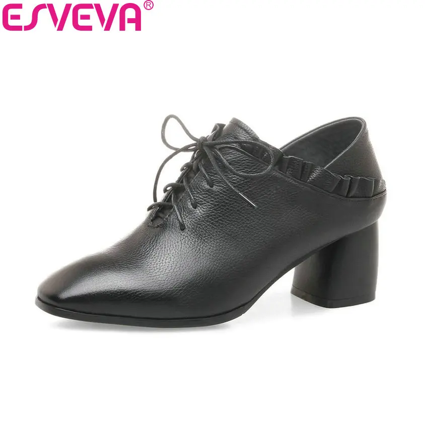 

ESVEVA 2018 Women Pumps Shoes Cow Leather PU Square High Heel Lace Up Square Toe Elegant Lotus Leaf Side Ladies Shoes Size 34-42