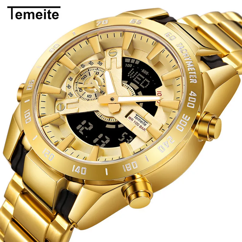 

Brand Gold Mens Quartz Watches Sport Digital Watch Men LED Dual Display Wristwatch Waterproof Luminous Relogio Masculino