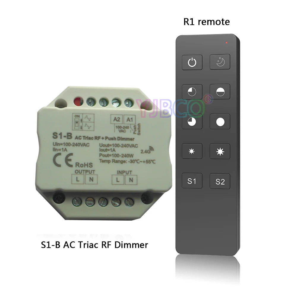 

S1-B 2.4GHz RF Wireless Remote R1 100-240VAC Input voltage;Output 100-240VAC 1A Push Dimmer Switch Led Triac Dimmer Controller