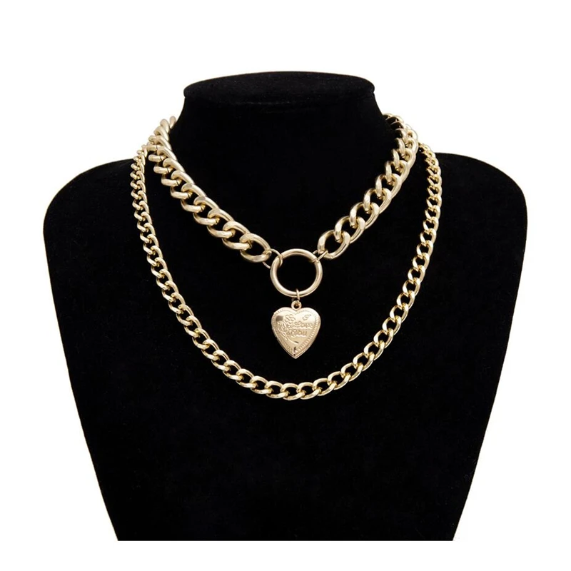 Ожерелье-чокер в стиле панк с металлическим сердцем, толстая цепочка в европейском и американском стиле, Золотое серебряное ожерелье с подвеской, женское ювелирное изделие WNW112