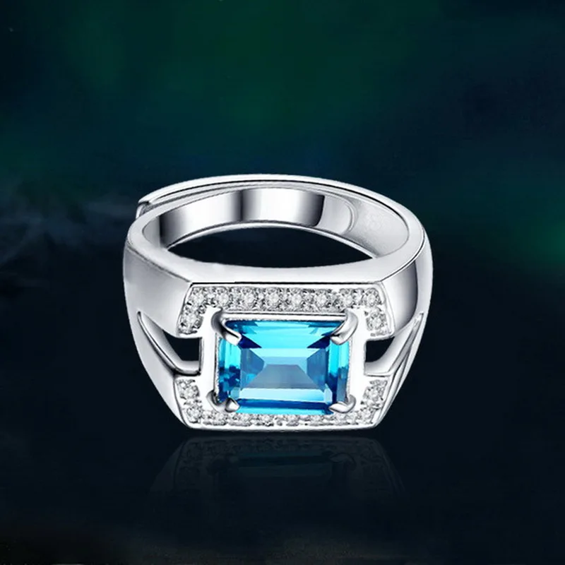 Solid S925 Ring with Fine Blue Crystal and Zircon Stone , Adjustable Ring  Size