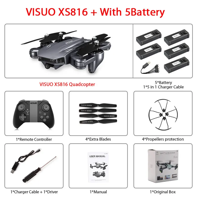 Visuo XS816 оптическое позиционирование потока Rc Квадрокоптер с двойной камерой 2mp Wifi FPV Дрон управление жестами Дрон Vs XS809HW XS809S - Цвет: XS816 5B Box