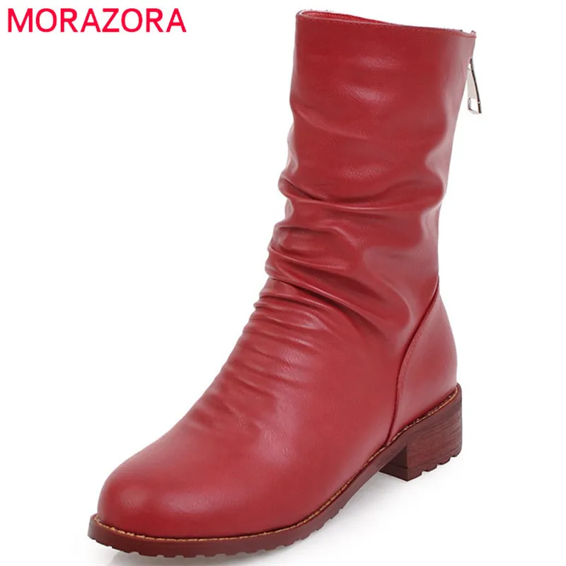 

MORAZORA Large size 34-43 ankle boots for women PU soft leather med heels shoes woman fashion boots female solid zip