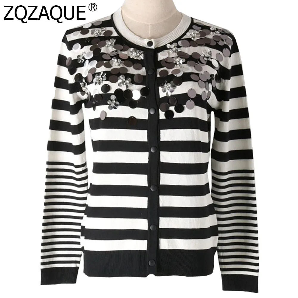 2018 Spring Autumn New Fashion Cardigan Sweaters For Women Luxury Shining Sequins Diamonds Striped Long Sleeve Knit Tops SY1598 |