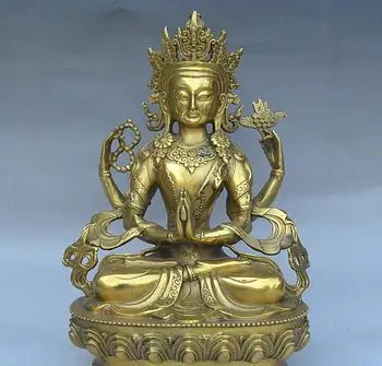 

YM 324 9"Tibet Buddhism Temple Bronze Seat Lotus 4 Hands 4 arms Chenrezig Buddha Statue