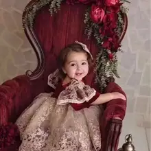 Бархатное винтажное испанское платье для девочек; сезон осень-зима-весна; бальное платье принцессы с помпоном; рождественское праздничное платье в стиле Лолиты для маленьких девочек