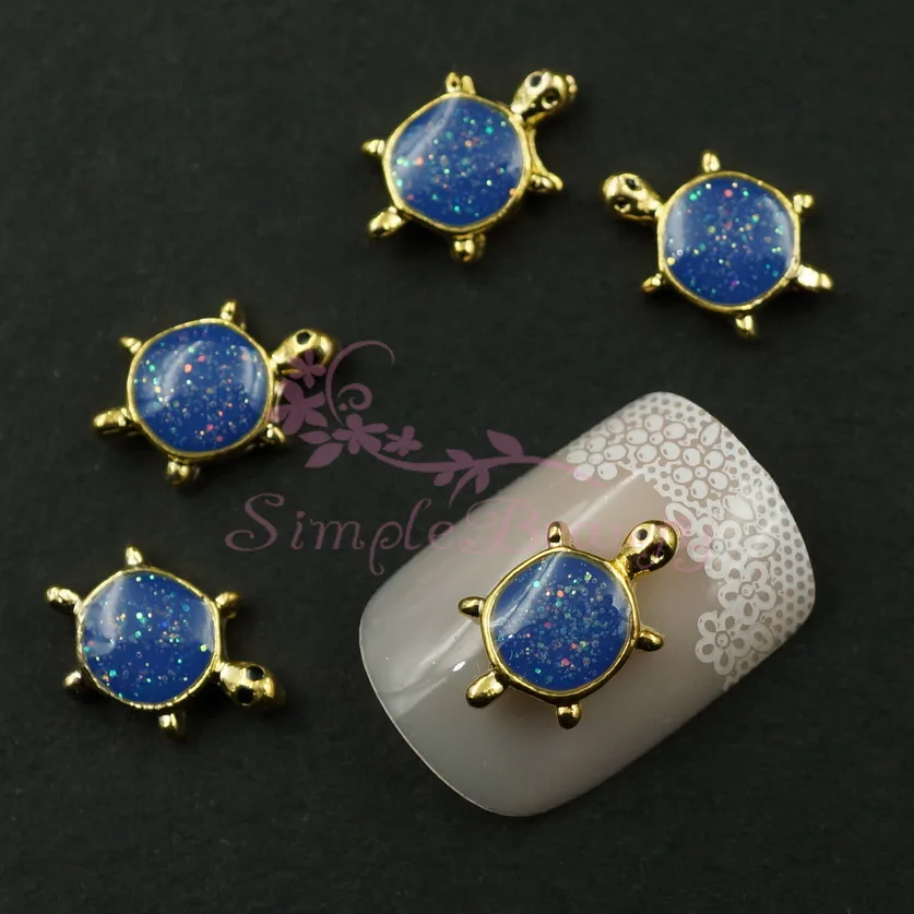 

20pcs/lot Cute Sea Turtle Glitter Navy Blue Gold Tone 3D Alloy Charms Crafts Salon Nail Art Jewelry Making Accessory Decorations