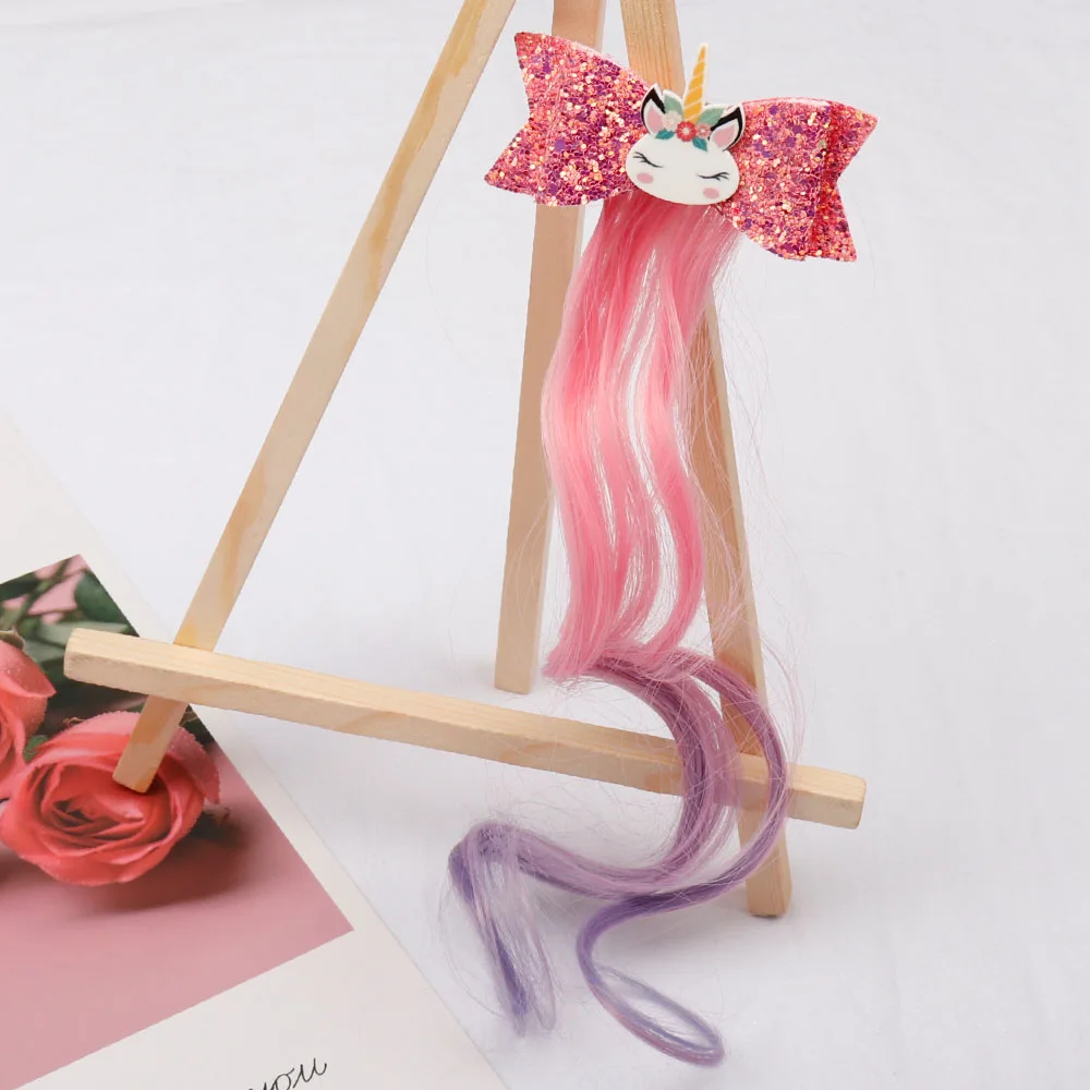 

Bling Glitter Hair Bow Unicorn Patch Hair Clips For Girls Handmade Hairpins With Fake Hair For Kids Headwear Hair Accessories