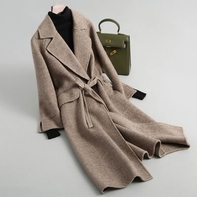

New Fashion Wool Coats Female Autumn Winter Long Sided Wool Coat of Women Cashmere Alpaca Jacket Belt Abrigos Mujer Z355