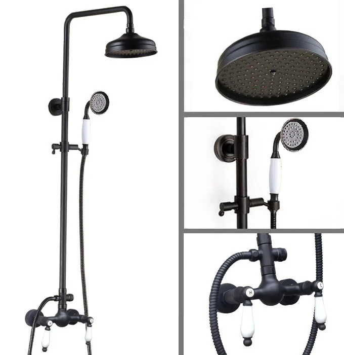 

Black Oil Rubbed Brass Dual Ceramic Handle Bathroom 8 Inch Round Rain Shower Faucet Set Bath Mixer Tap Hand Shower mrs478