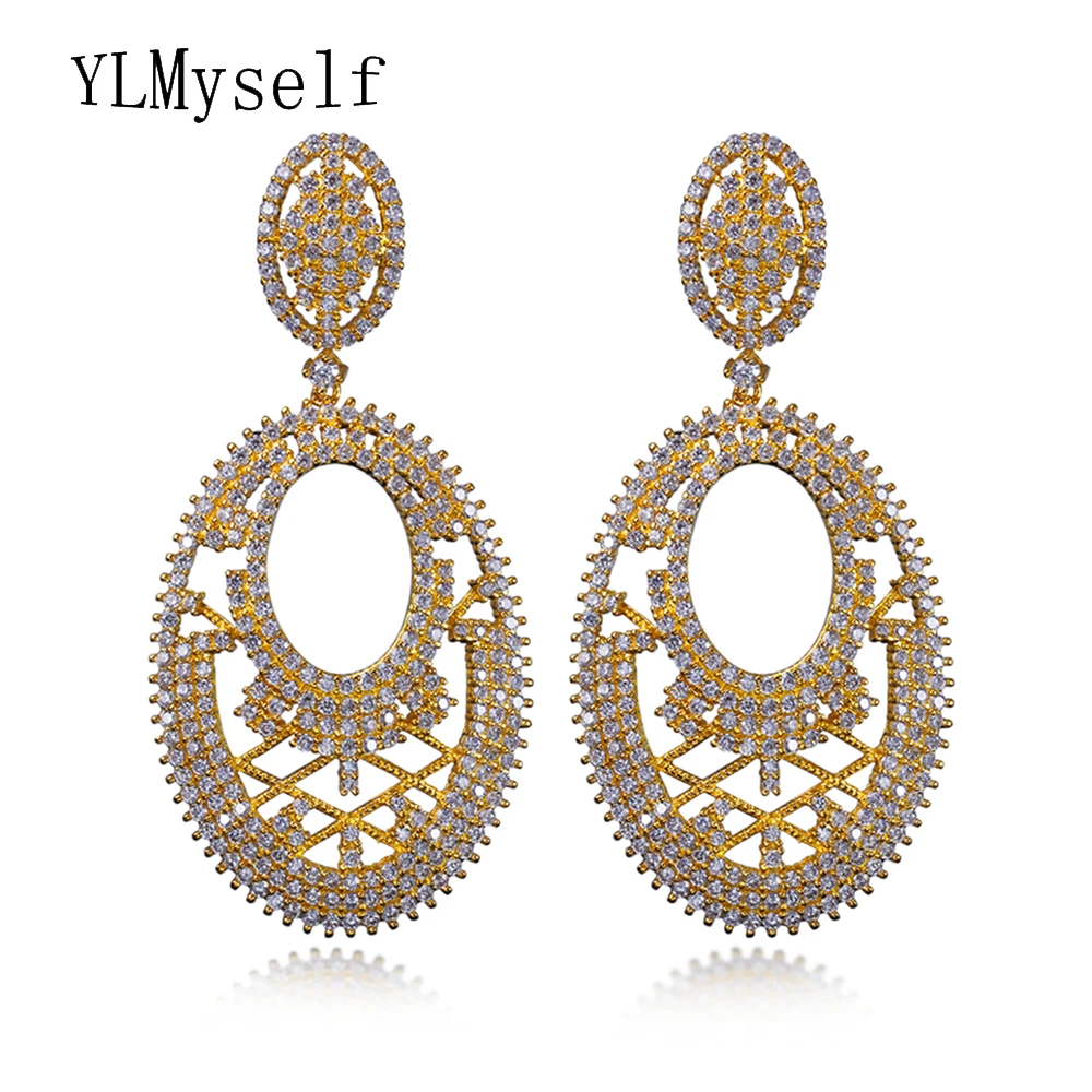 Indescribable Beauty Earring Shiny Zircon Stone in Gold and White Color Long Oval Dangle Earrings For Women
