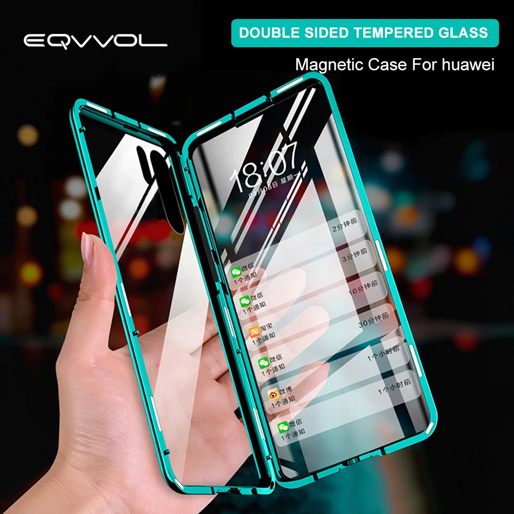 

Eqvvol Metal Magnetic Case For Huawei P30 P20 Pro Mate 20 Double Sided 9H Tempered Glass Case On Nova 5 5i Honor 20 10 20i Cover