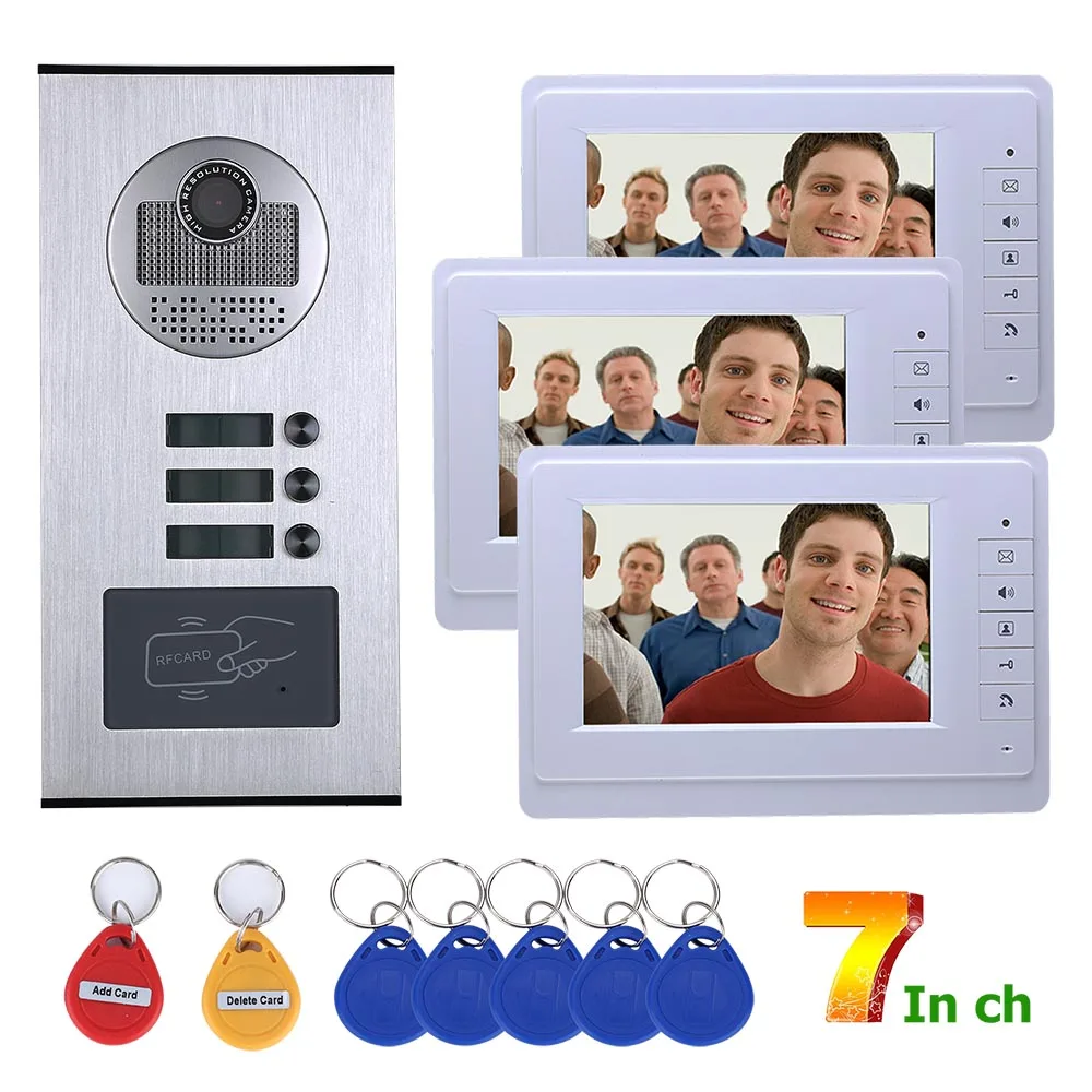 7inch 3 Apartment/Family Video Door Phone Intercom System RFID IR-CUT HD 1000TVL Camera Doorbell Camera 819HID3