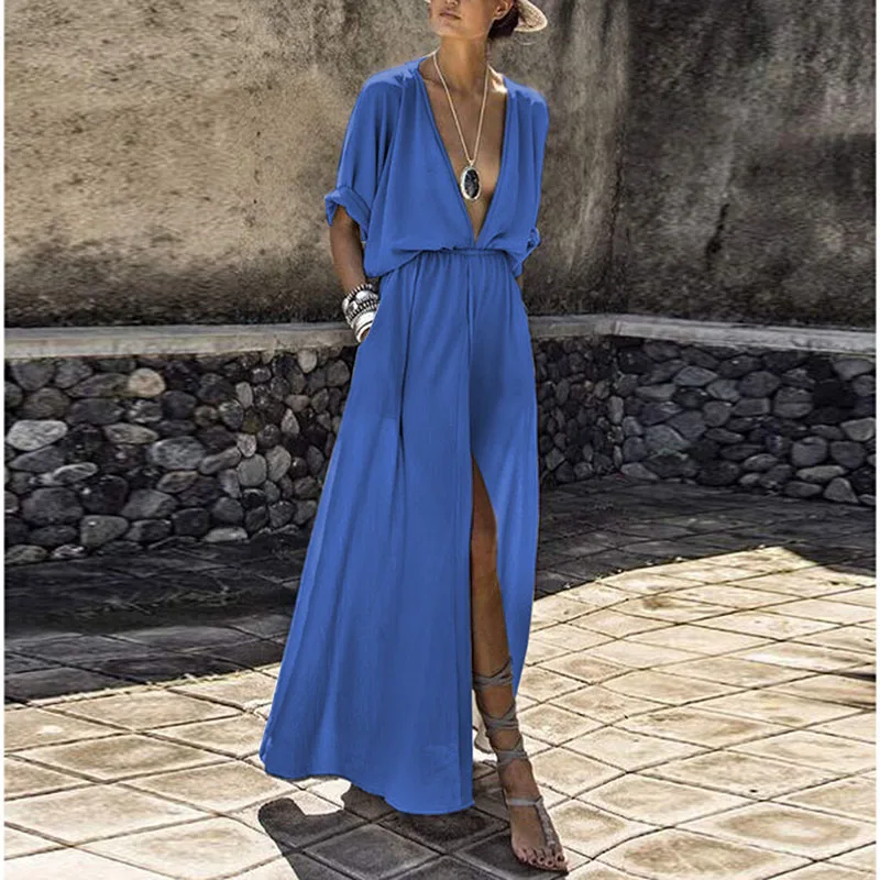 V Neck Plain Cotton/Linen Maxi Dress #Chic | WithChic For V Neck Asymmetric Hem Geometric Maxi Dresses from india history