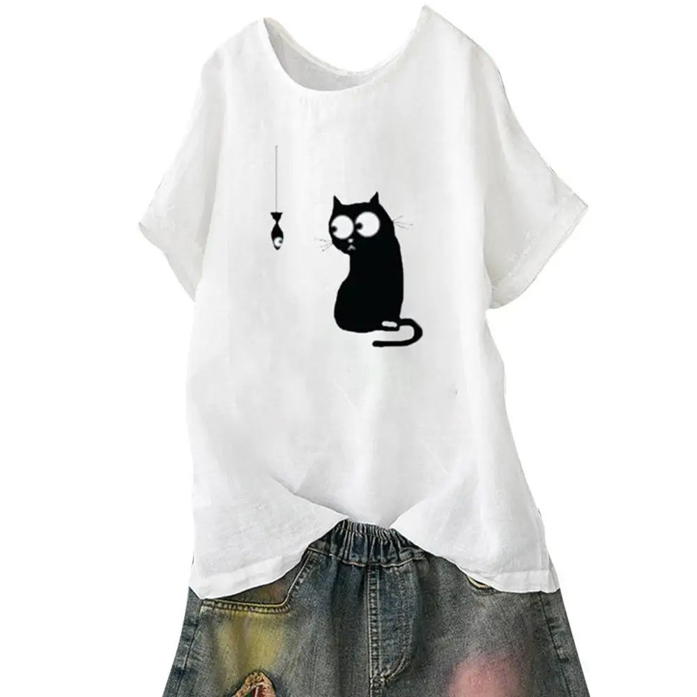 

Women Loose Shirts Cat Printed Plus Size Casual Beach Vintage O-Neck Elegant Summer Blouse Shirts blusas mulher elegantes AD