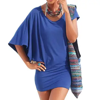 Summer Sexy Women Solid Color Mini Dress 2018 New Fashion Round Neck Bat Sleeves Dress Loose Irregular Blue Sexy Women Dress Summer Sexy Women Solid Color Mini Dress 2018 New Fashion Round Neck Bat Sleeves Dress Loose Irregular Blue Sexy Women Dress