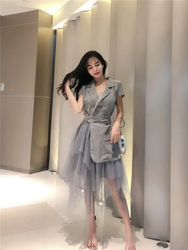 fashion women dresses gray sheer mesh patchwork notched collar Short sleeve a-line bohemian Midi dress