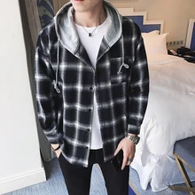 Рубашки в клетку в стиле хип-хоп, Мужская Уличная рубашка с капюшоном, весна-осень, Повседневная хлопковая рубашка, топы с длинным рукавом