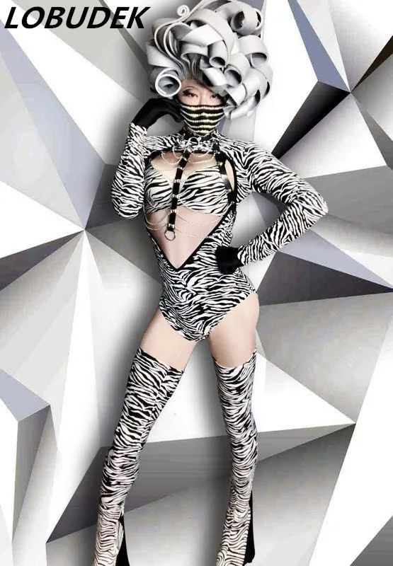 

Male Female Dance Team Nightclub Bar Costume Festival Party Show Stage Outfit Zebra Pattern Bodysuit Sexy DJ Performance Clothes