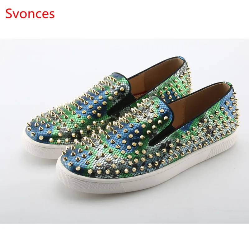 

New Luxury Brand Spring Autumn Men Loafer Full Gold Rivet Men Flats Slip On Men Sneakers Sapato Masculino Platform Smoking Mules