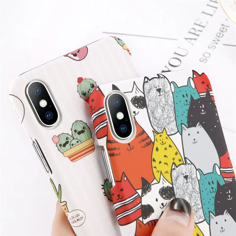 USLION Green Cactus Case For iPhone 7 6 6S Plus Flower Cartoon Animal Phone Cases For iPhone X 8 Plus Matte Hard PC Back Cover