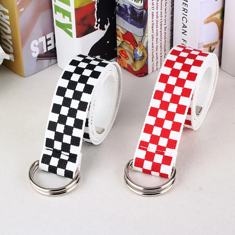 

Double Stirrup Tartan Printed Nylon Canvas Belts Harajuku Checkerboard Couple Plaid Long Canvas Belt Waistband