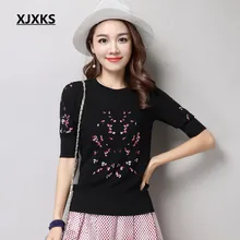 XJXKS высокое качество вышивка узоры Женский пуловер трикотажные футболки Удобные повседневные уличные женские топы