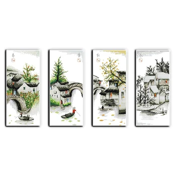 

Four seasons in water village DMC Counted Triptych Cross stitch DIY Cross Stitch Kits For Embroidery Home Decor Needlework Craft