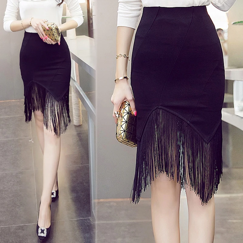 MSSNNG черная юбка с бахромой, высокая талия, облегающая юбка, элегантная Офисная Женская юбка-карандаш длиной до колена, женские юбки