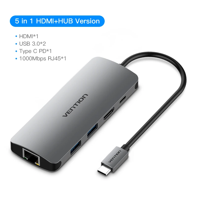 Vention USB C концентратор type C к HDMI USB 3,0 концентратор thunderbolt 3 RJ45 адаптер для MacBook samsung S8/S9 huawei P20 Pro usb-c адаптер - Цвет: 5 in 1 Style