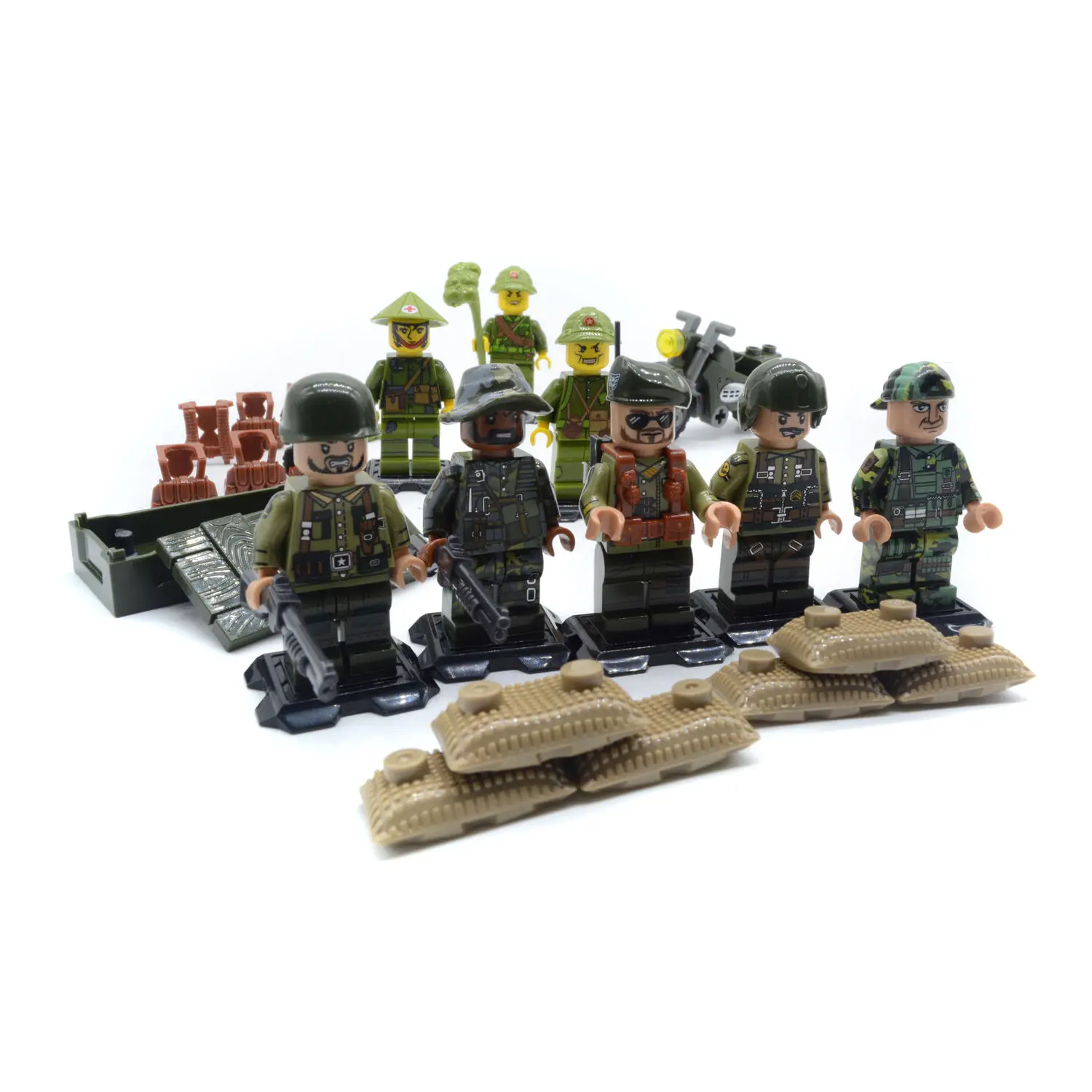 5x US Army Soldiers and 3 extra Asian Soldiers Set,Military Building